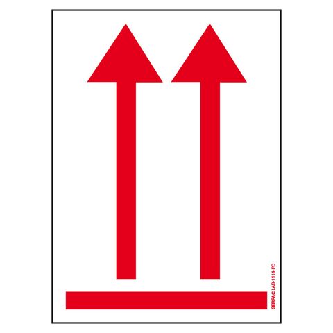 Etikett Versandstückorientierungskennzeichen muss an Kombinationsverpackungen oder Umverpackungen angebracht werden, wenn sie flüssige, gefährliche Güter enthalten und ist auf zwei gegenüberliegenden Seiten des Versandstückes anzukleben.