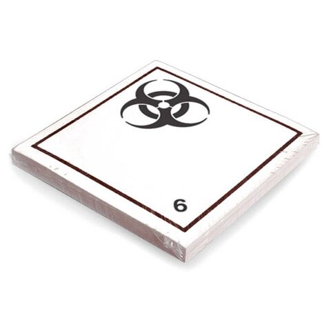 Etikett der Klasse 6, Unterklasse 6.2, für ansteckungsgefährliche Stoffe. Haftet 2 Jahre im Innen- und Außenbereich. Kann mindestens 3 Monate im Seewasser verbleiben, IMDG-Code 5.2.2.2.1.7.