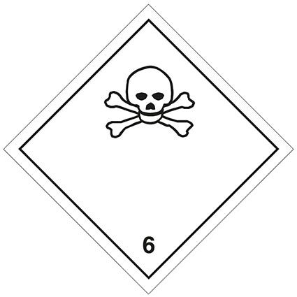 Großzettel der Klasse 6 für giftige Stoffe, Unterklasse 6.1. Permanentkleber mit einer Haltbarkeit von 5 Jahren im Innen- und Außenbereich. Kann mindestens 3 Monate im Seewasser verbleiben, IMDG-Code 5.3.1.1.1.