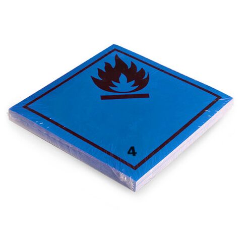 Etikett der Klasse 4, Unterklasse 4.3, für Stoffe, die in Berührung mit Waser entzündbare Gase entwickeln. Permanentkleber mit einer Haltbarkeit von 5 Jahren im Innen- & Außenbereich. Kann mindestens 3 Monate im Seewasser verbleiben, IMDG-Code 5.2.2.2.1.7