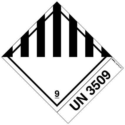 Das Etikett der Klasse 9 für verschiedene gefährliche Stoffe und Gegenstände ist mit der UN (Zeichen 12 mm ALTVERPACKUNGEN, LEER, UNGEREINIGT) gedruckt. Permanentkleber mit einer Haltbarkeit von 2 Jahren im Innen- und Außenbereich.