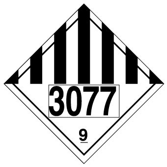 Der Großzettel der Klasse 9 für verschiedene gefährliche Stoffe und Gegenstände ist mit “UN3077” gedruckt.