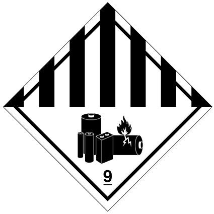 Das Etikett der Klasse 9 (IATA) Klasse 9A (ADR, RID, ADN e IMDG), für verschiedene gefährliche Stoffe und Gegenstände hat einen Drucker mit Bild Lithium Batterieund ist mit UV-Schutzlack gedruckt.