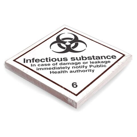 Etikett der Klasse 6, Unterklasse 6.2, für ansteckungsgefährliche Stoffe. Haftet 2 Jahre im Innen- und Außenbereich. Kann mindestens 3 Monate im Seewasser verbleiben, IMDG-Code 5.2.2.2.1.7.