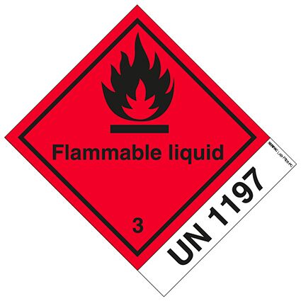 Etikettendruck mit UN1197 (Zeichen 12 mm). Etikett enthält die Aufschrift Flammable Liquid, wie von einigen Luftfahrtunternehmen vorgeschrieben. Permanentkleber mit einer Haltbarkeit von 2 Jahren im Innen- und Außenbereich.