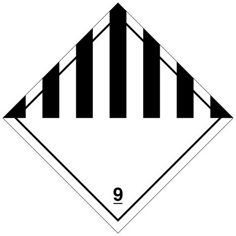 Etikett der Klasse 9 für verschiedene gefährliche Stoffe und Gegenstände. Permanentkleber mit einer Haltbarkeit von 5 Jahren im Innen- und Außenbereich. Kann mindestens 3 Monate im Seewasser verbleiben, IMDG-Code 5.3.1.1.1.