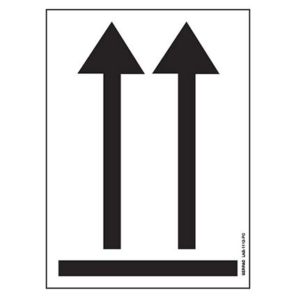 Etikett Versandstückorientierungskennzeichen muss an Kombinationsverpackungen oder Umverpackungen angebracht werden, wenn sie flüssige, gefährliche Güter enthalten und ist auf zwei gegenüberliegenden Seiten des Versandstückes anzukleben.