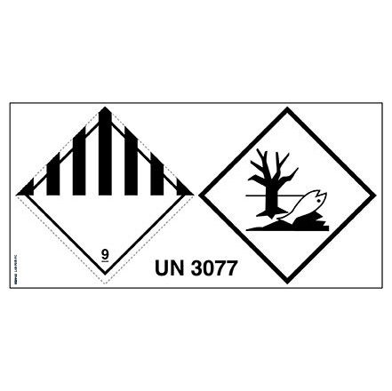 Das Etikett umfasst Etikett der Klasse 9 mm 100×100, die Markierung für umweltgefährdende Stoffemm 100×100 und ist mit der UN-Nummer 3077 (Zeichen 12 mm) vorgedruckt. Permanentkleber mit einer Haltbarkeit von 2 Jahren im Innen- und Außenbereich.