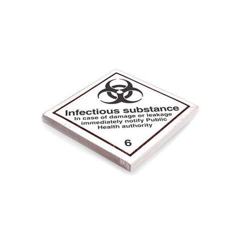 Etikett der Klasse 6, Unterklasse 6.2, für ansteckungsgefährliche Stoffe. Kann mindestens 3 Monate im Seewasser verbleiben, IMDG-Code 5.2.2.2.1.7.