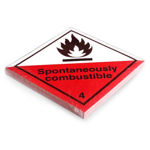 Etikett Klasse 4, Unterklasse 4.2, für selbstentzündliche Stoffe mit Text "Spontaneously combustible". Permanentkleber mit einer Haltbarkeit von 2 Jahren im Innen- und Außenbereich. Kann mindestens 3 Monate im Seewasser verbleiben, IMDG-Code 5.2.2.2.1.7.