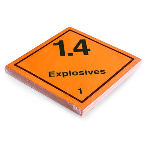 Etikett der Klasse 1, Unterklasse 1.4, für explosive Stoffe und Gegenstände mit Explosivstoff. Permanentkleber mit einer Haltbarkeit von 2 Jahren im Innen- und Außenbereich. Kann mindestens 3 Monate im Seewasser verbleiben, IMDG-Code 5.2.2.2.1.7.