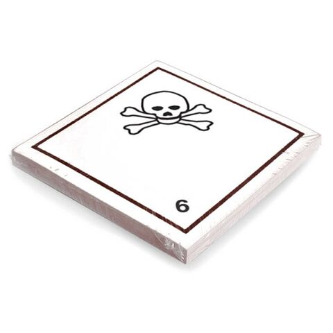 Etikett der Klasse 6, Unterklasse 6.1, für giftige Stoffe. Permanentkleber mit einer Haltbarkeit von 5 Jahren im Innen- und Außenbereich. Kann mindestens 3 Monate im Seewasser verbleiben, IMDG-Code 5.2.2.2.1.7.