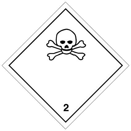 Großzettel der Klasse 2 Unterklasse 2.3, für giftige Gase. Permanentkleber mit einer Haltbarkeit von 5 Jahren im Innen- und Außenbereich. Kann mindestens 3 Monate im Seewasser verbleiben, IMDG-Code 5.3.1.1.1.