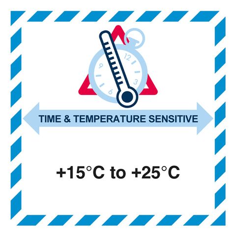 Das Etikett Time & Temperature Sensitive (+15°C to +25°C) für den Versand von sensiblen und temperaturkritischen medizinischen Produkten.