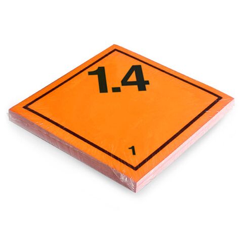 Etikett der Klasse 1, Unterklasse 1.4, für explosive Stoffe und Gegenstände mit Explosivstoff. Permanentkleber mit einer Haltbarkeit von 2 Jahren im Innen- und Außenbereich. Kann mindestens 3 Monate im Seewasser verbleiben, IMDG-Code 5.2.2.2.1.7.