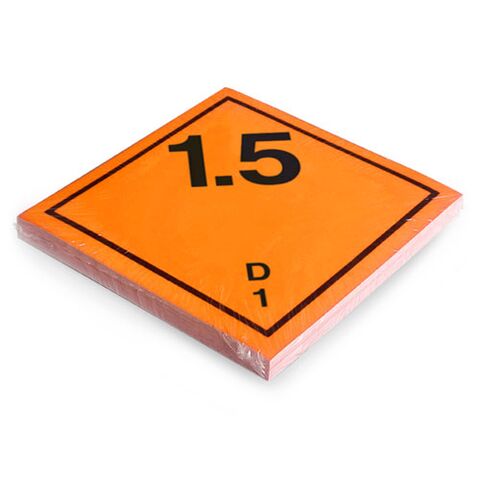 Etikett der Klasse 1, Unterklasse 1.5, für explosive Stoffe und Gegenstände mit Explosivstoff. Permanentkleber mit einer Haltbarkeit von 2 Jahren im Innen- und Außenbereich. Kann mindestens 3 Monate im Seewasser verbleiben, IMDG-Code 5.2.2.2.1.7.