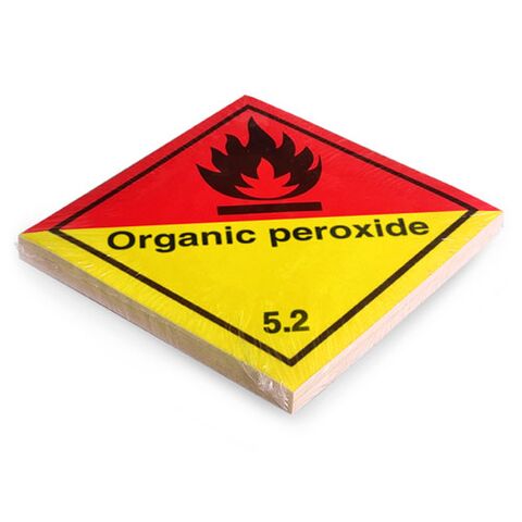 Etikett der Klasse 5, Unterklasse 5.2, für organische Peroxide mit Text "Organic peroxide". Permanentkleber mit einer Haltbarkeit von 2 Jahren im Innen- und Außenbereich. Kann mindestens 3 Monate im Seewasser verbleiben, IMDG-Code 5.2.2.2.1.7.
