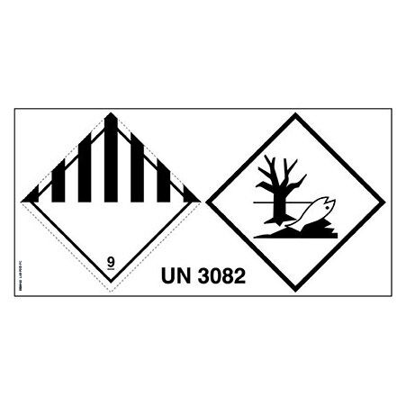 Das Etikett umfasst Etikett der Klasse 9 mm 100×100, die Markierung für umweltgefährdende Stoffe mm 100×100 und ist mit der UN-Nummer 3082 (Zeichen 12 mm) vorgedruckt. Permanentkleber mit einer Haltbarkeit von 2 Jahren im Innen- und Außenbereich.