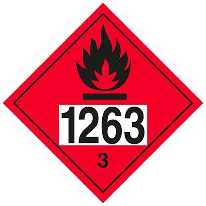 Der Großzettel ist mit der UN-Nummer 1263 vorgedruckt. Dieser darf nur verwendet werden, wenn Container mit Gütern der Zulassungsnummer UN1263, in einer Menge von mehr als 4000 kg beladen werden.  Permanentkleber mit Haltbarkeit von 5 Jahren innen & außen