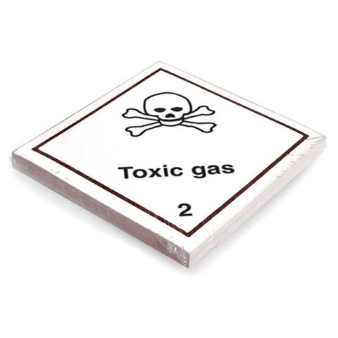 Etikett der Klasse 2, Unterklasse 2.3, für giftige Gase mit Text "Toxic gas". Permanentkleber mit einer Haltbarkeit von 2 Jahren im Innen- und Außenbereich. Kann mindestens 3 Monate im Seewasser verbleiben, IMDG-Code 5.3.1.1.1.