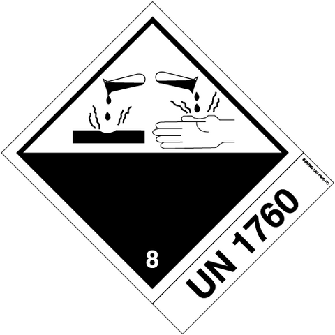 Das Etikett der Klasse 8 für ätzende Stoffe ist mit Text "UN1760" gedruckt (Zeichen 12 mm). Permanentkleber mit einer Haltbarkeit von 2 Jahren im Innen- und Außenbereich.