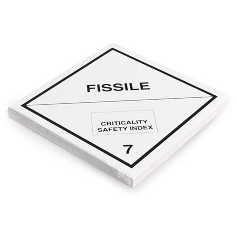 Etikett der Klasse 7 für radioaktive Stoffe mit Text "FISSILE CRITICALITY SAFETY INDEX". Permanentkleber mit einer Haltbarkeit von 2 Jahren im Innen- und Außenbereich. Kann mindestens 3 Monate im Seewasser verbleiben, IMDG-Code 5.2.2.2.1.7.