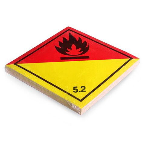 Etikett der Klasse 5, Unterklasse 5.2, für organische Peroxide. Permanentkleber mit einer Haltbarkeit von 5 Jahren im Innen- und Außenbereich. Kann mindestens 3 Monate im Seewasser verbleiben, IMDG-Code 5.2.2.2.1.7.