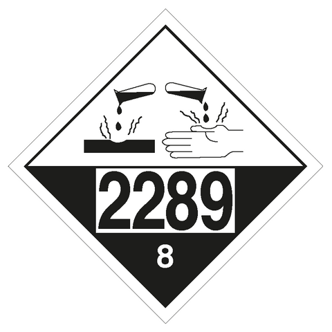 Der Großzettel der Klasse 8 für ätzende Stoffe ist mit “UN2289” gedruckt. Permanentkleber mit einer Haltbarkeit von 5 Jahren im Innen- und Außenbereich. Kann mindestens 3 Monate im Seewasser verbleiben, IMDG-Code 5.2.2.2.1.7.