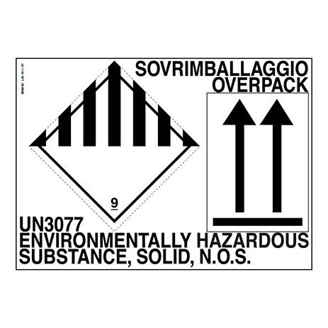 Das Etikett der Klasse 9 für verschiedene gefährliche Stoffe und Gegenstände umfasst das Etikett der Klasse 9 mit der Kennzeichnung „UN3077” (Schriftgröße 12 mm) mit einem Vermerk und einem Etikett für Overpack