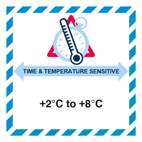 Das Etikett „Time & Temperature Sensitive (2 °C bis 8 °C)“ muss beim Versand oder Transport temperaturkontrollierter Güter auf dem Luftweg verwendet werden.