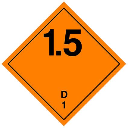 Der Großzettel der Klasse 1, Unterklasse 1.5, für explosive Stoffe und Gegenstände mit Explosivstoff mit Text “D”. Permanentkleber hält 5 Jahre im Innen- und Außenbereich. Kann bis zu 3 Monate im Seewasser verbleiben, IMDG-Code 5.3.1.1.1.
