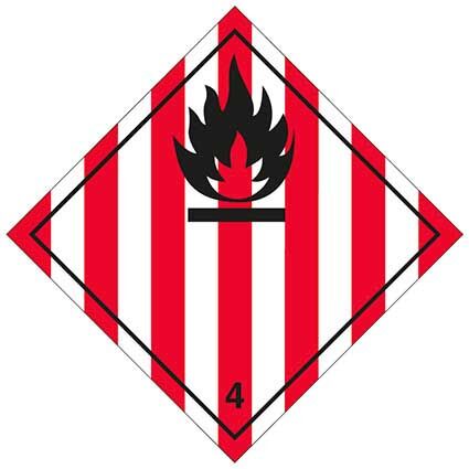 Das Etikett der Klasse 4, Unterklasse 4.1, für entzündbare feste Stoffe ist mit UV-Schutzlack gedruckt.  Permanentkleber mit einer Haltbarkeit von 3 Jahren im Innen- und Außenbereich. Kann mindestens 3 Monate im Seewasser verbleiben, IMDG-Code 5.2.2.2.1.7