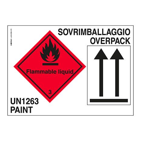 Das Etikett umfasst: Etikett der Klasse 3 mm 100x100, Orientierungspfeile und die Kennzeichnung „UN1263 PAINT SOVRIMBALLAGGIO / OVERPACK” (Schriftgröße 12 mm). Es enthält den Text „Flammable Liquid”, wie von einigen Fluggesellschaften verlangt.