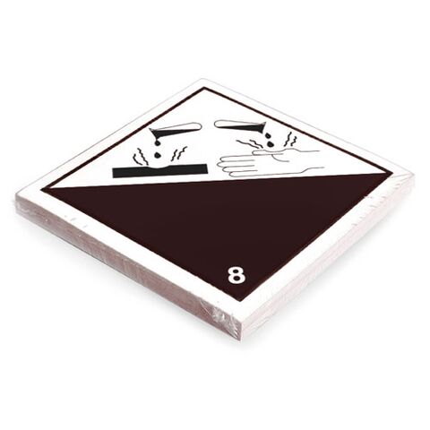 Etikett der Klasse 8 für ätzende Stoffe. Permanentkleber mit einer Haltbarkeit von 2 Jahren im Innen- und Außenbereich. Kann mindestens 3 Monate im Seewasser verbleiben, IMDG-Code 5.2.2.2.1.7.